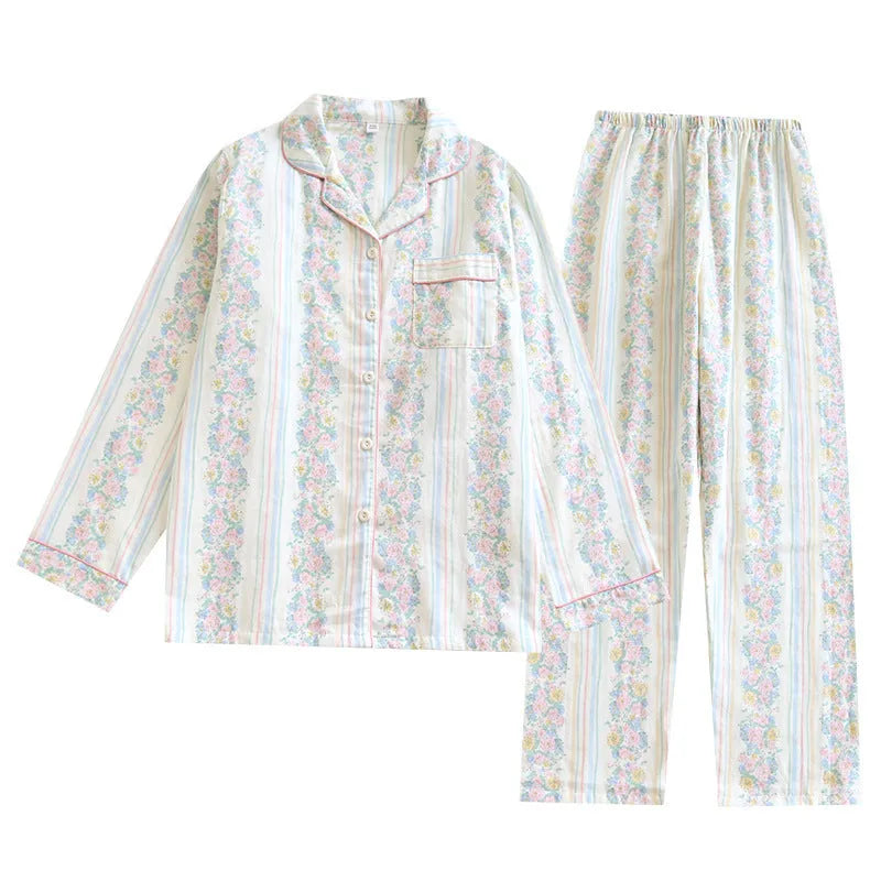 Ladies' long-sleeved cotton gauze homewear set in a striped floral print, showing top and trousers laid flat.
