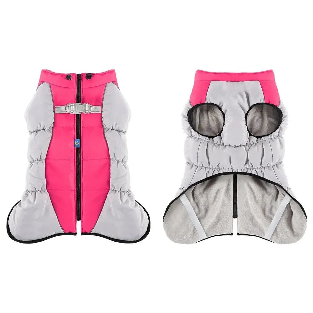 Waterproof dog jacket with built-in harness for large breed winter walks, available in multiple sizes and colours