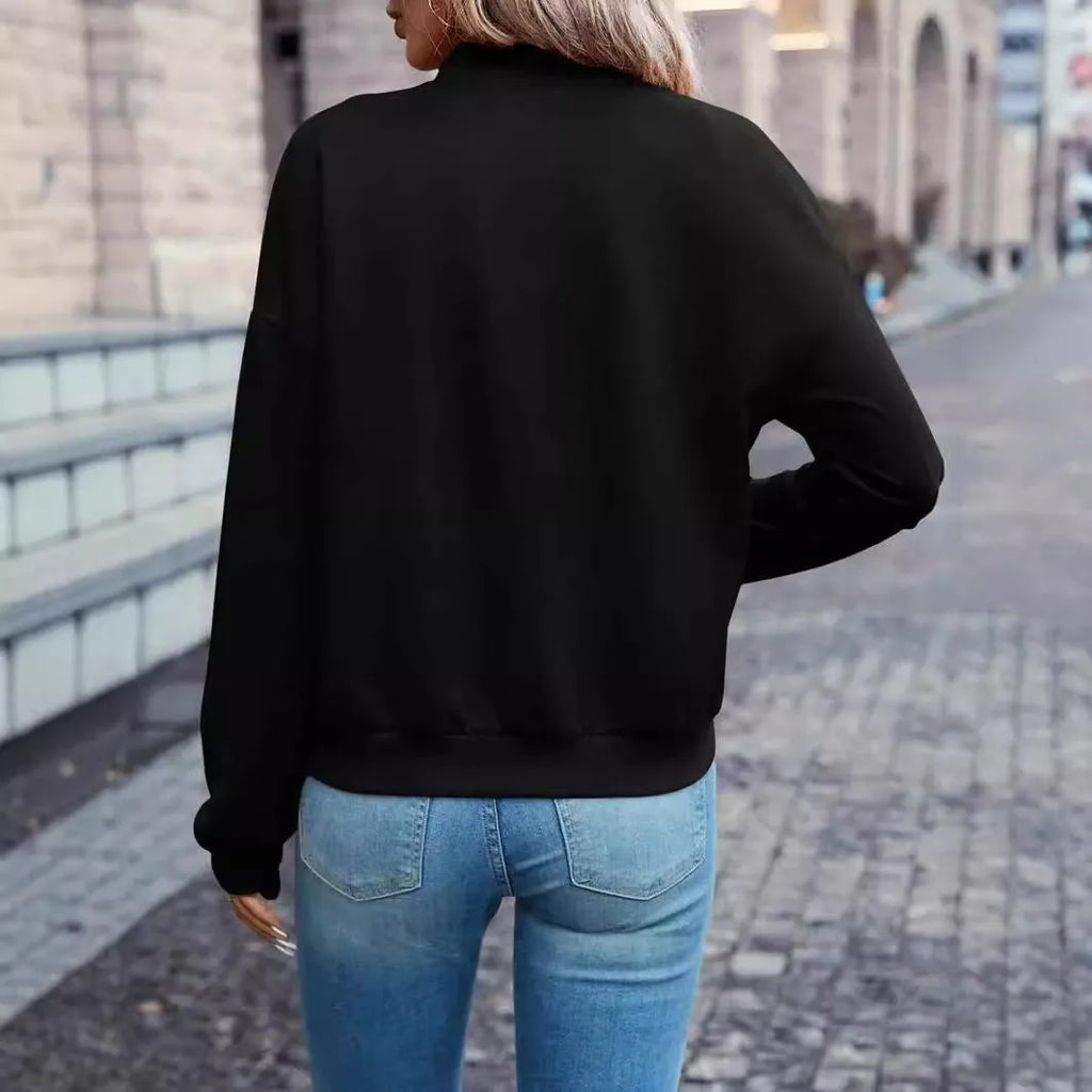 Black women's casual zip-front jacket with long sleeves for autumn and winter.