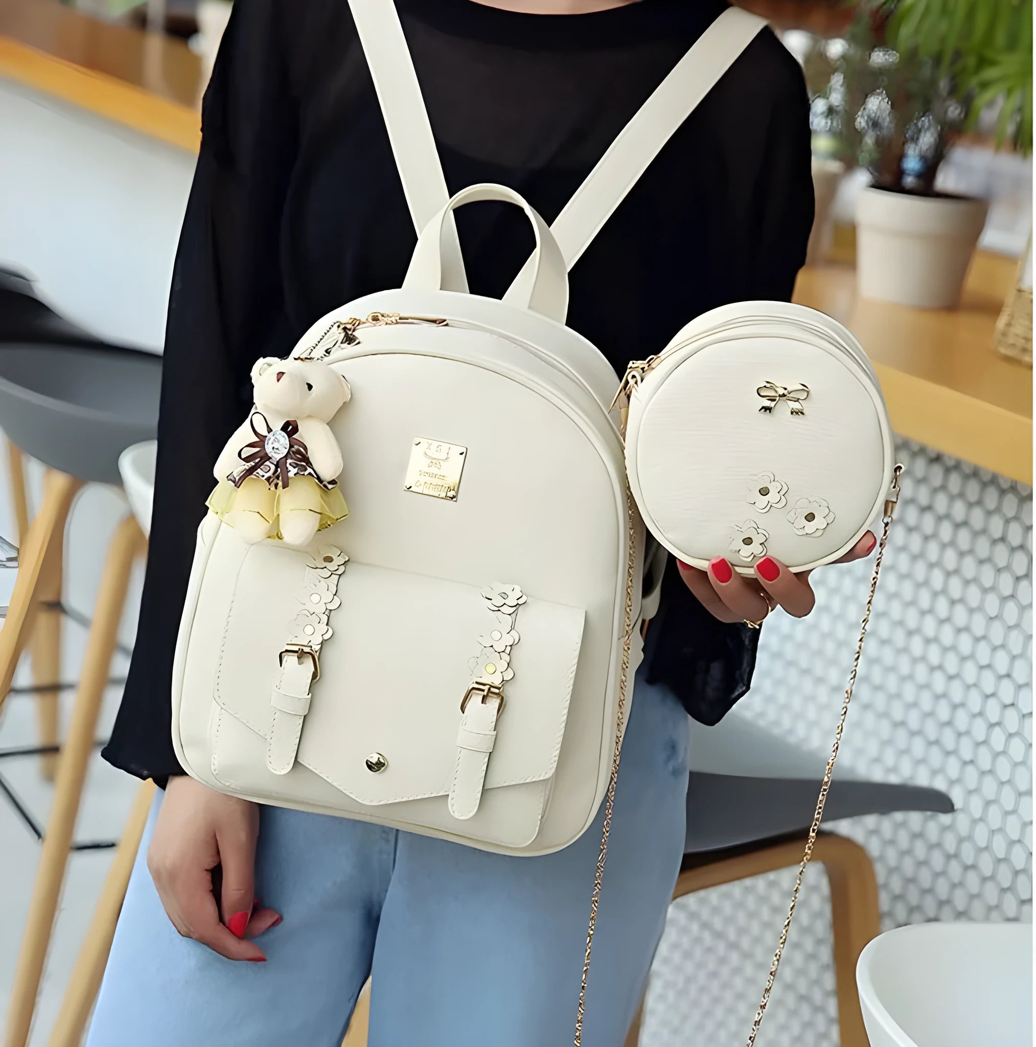 Women's three-piece floral pattern leather bag set with backpack, shoulder bag and card holder