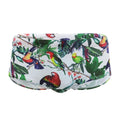 Men's floral bird print swimming trunks in nylon fabric, shown in small boxer style.