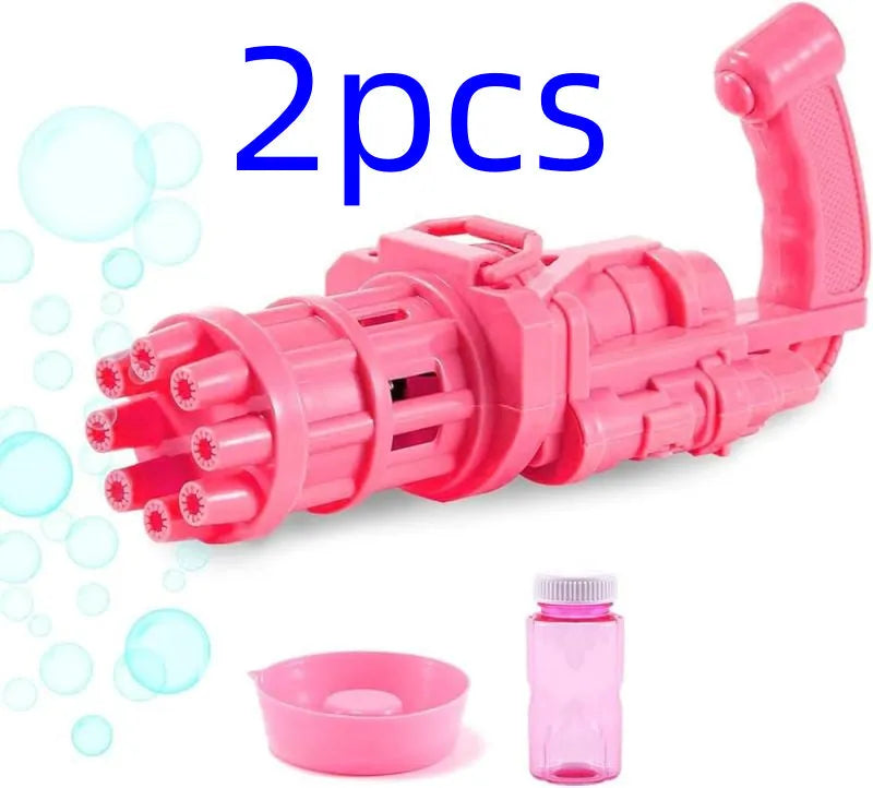 Children's bubble machine gun toy in pink, gold, or black colours with battery compartment and bubble solution.