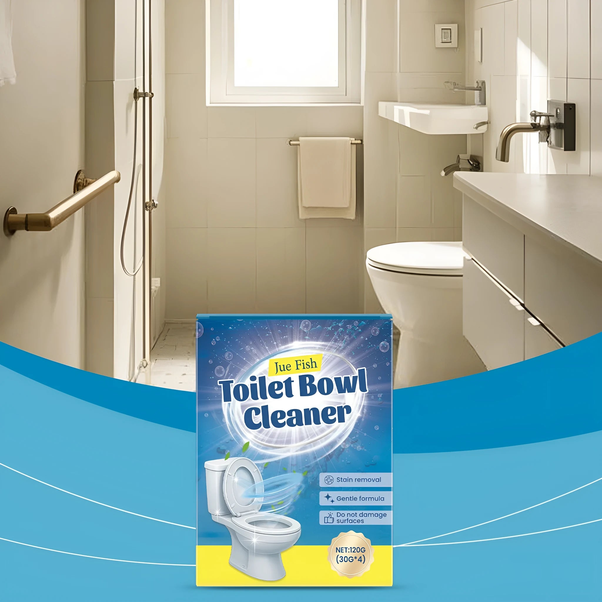 Four sachets of toilet cleaning powder showing 30g portions with 120g total weight