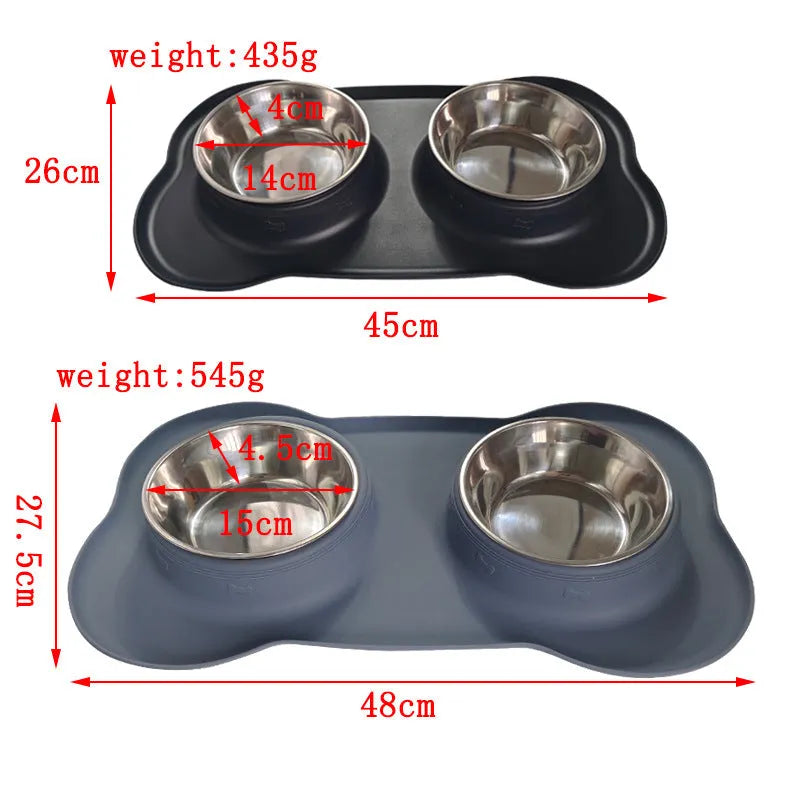 Large silicone double dog bowl with stainless steel inserts in raised feeding design