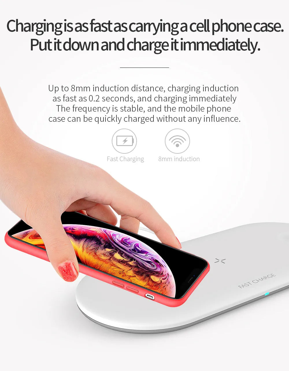Black and white 3-in-1 wireless charging station for iPhone, Apple Watch and AirPods on a desk.