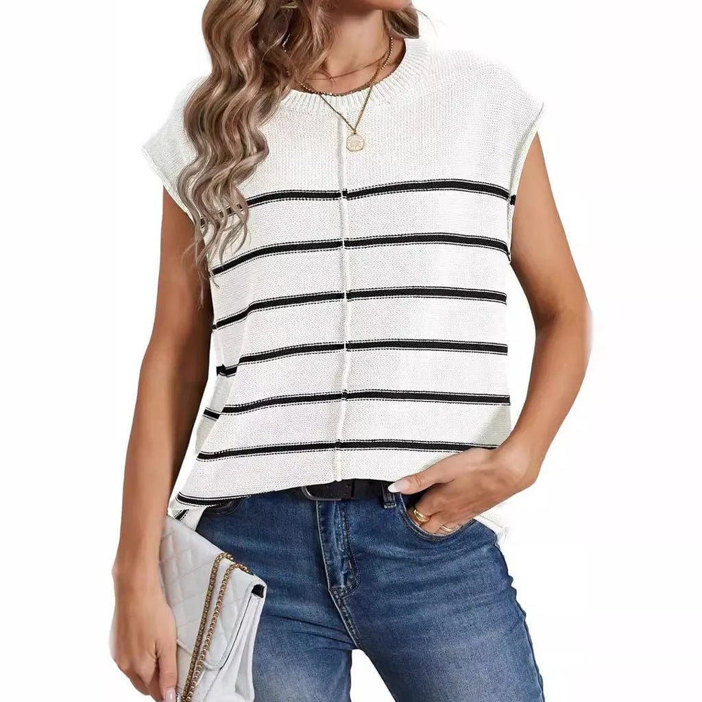 Women's striped sleeveless pullover vest in acrylic fabric showing bone stitching detail.