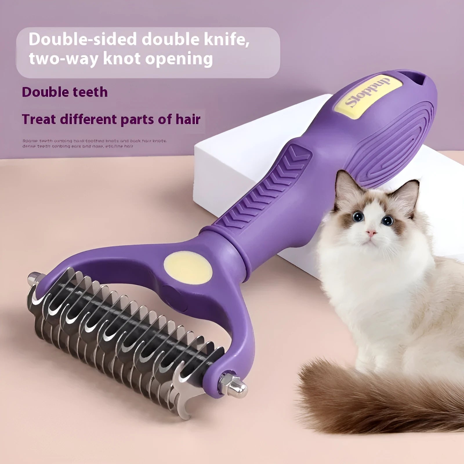 Purple double-sided plastic pet grooming comb for dogs and cats