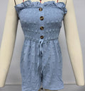 Women's solid colour off-shoulder sleeveless jumpsuit in polyester fabric on a hanger.