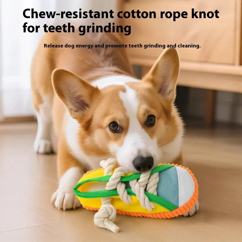 Plastic dog sound slippers chew toy in yellow, black, or blue with bends and hitches for teething.