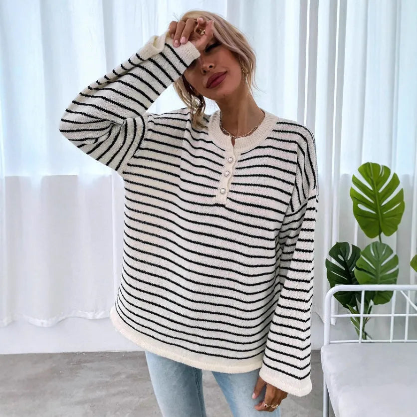 Black women's striped long sleeve top with drop-shoulder sleeves and contrast colour details