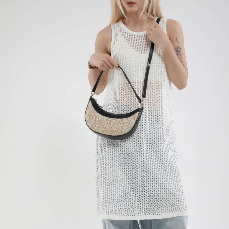 Hard-shell straw dumpling-shaped women's crossbody bag with contrast stitching and interior compartments