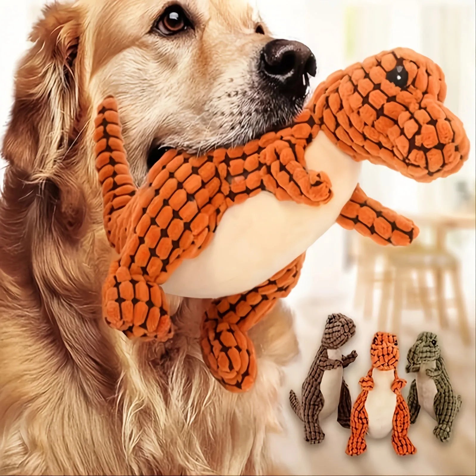 Grey, green, and orange durable dog toys with sound for chewing and boredom relief.