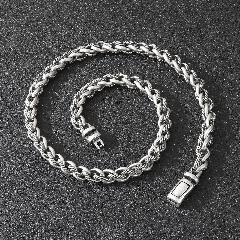Men's titanium steel chain necklace with hemp flower links and antique silver finish