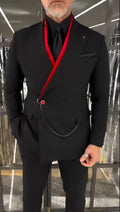 Fake double-layered black jacket with red inner lining and metal chain detail