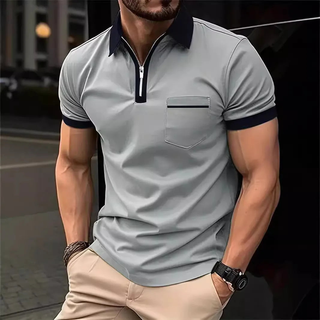 Men's loose fit short sleeve shirt with chest pocket and zipper decoration in multiple colour options