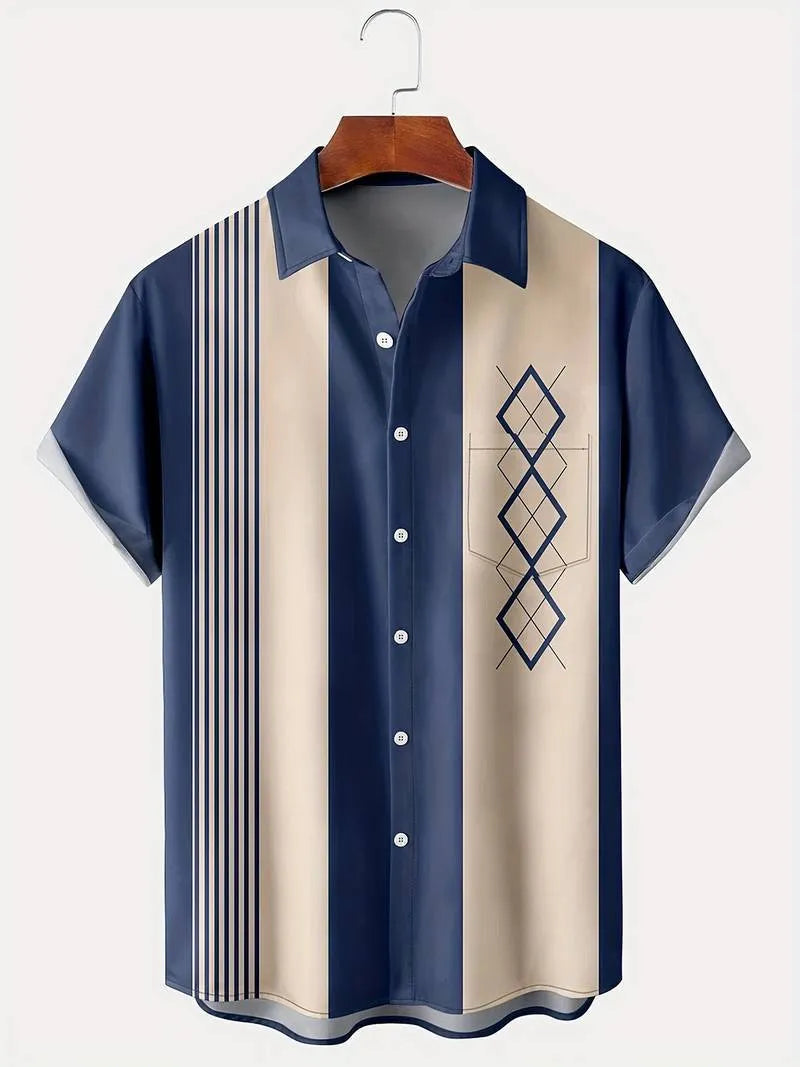 Man wearing a loose-fitting plaid short-sleeve shirt with a cardigan-style lapel collar.
