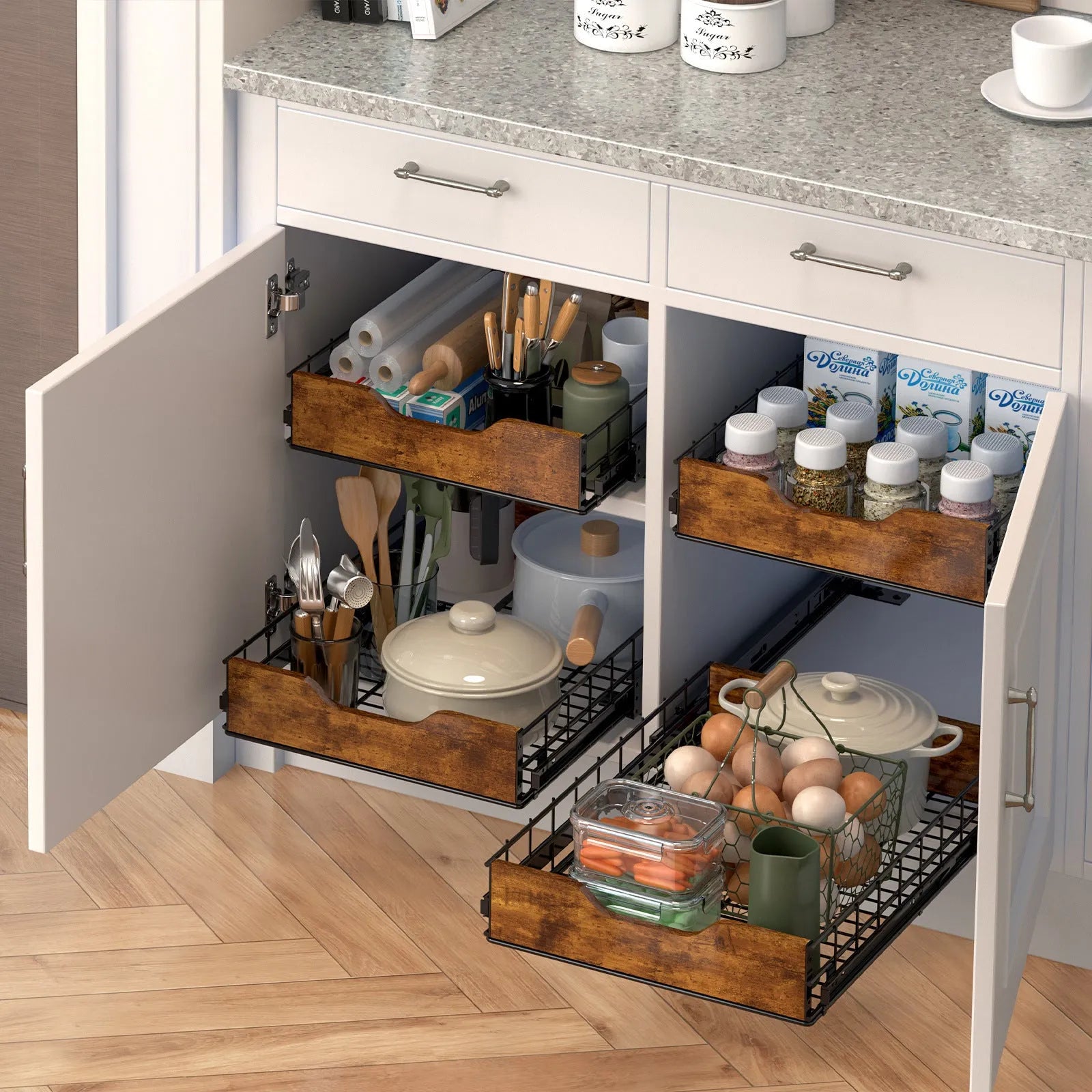 Black pull basket drawer storage rack with wood and iron construction