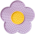 Flower-shaped silicone pet licking mat with suction cups on back in blue, grey, pink, purple, or red