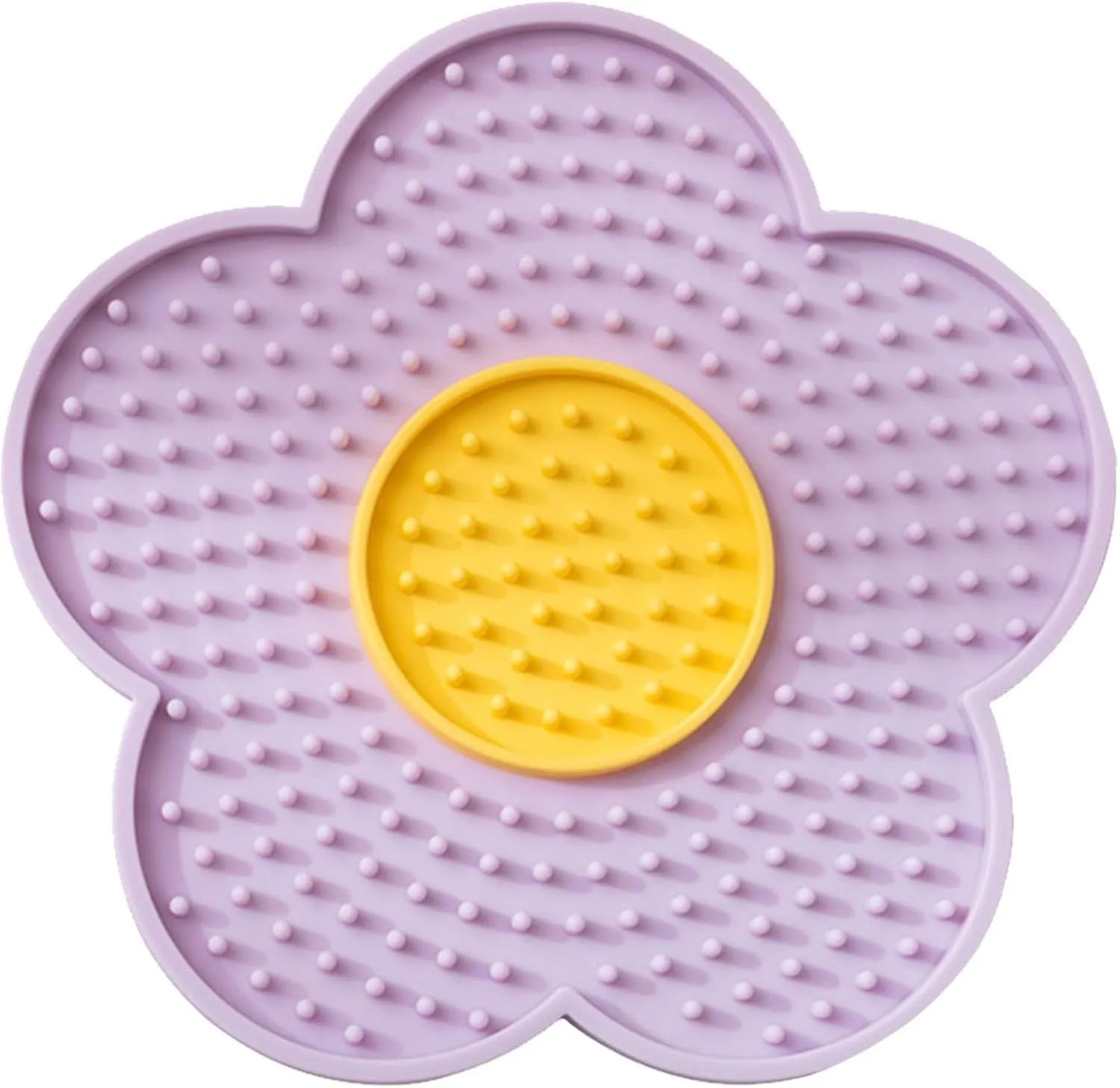 Flower-shaped silicone pet licking mat with suction cups on back in blue, grey, pink, purple, or red