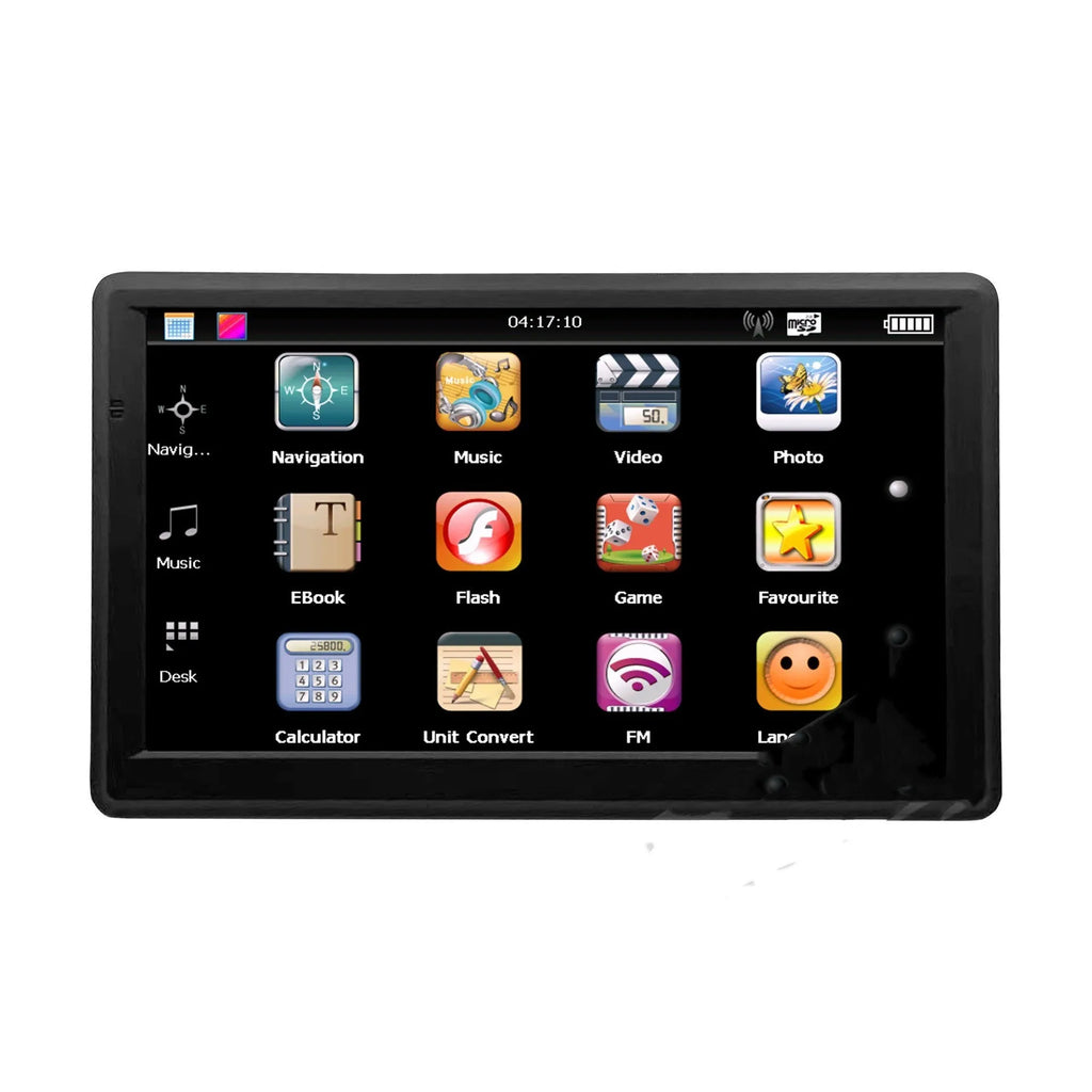 Black portable car GPS navigation device with a 7-inch touchscreen, shown mounted on a car windscreen with bracket.