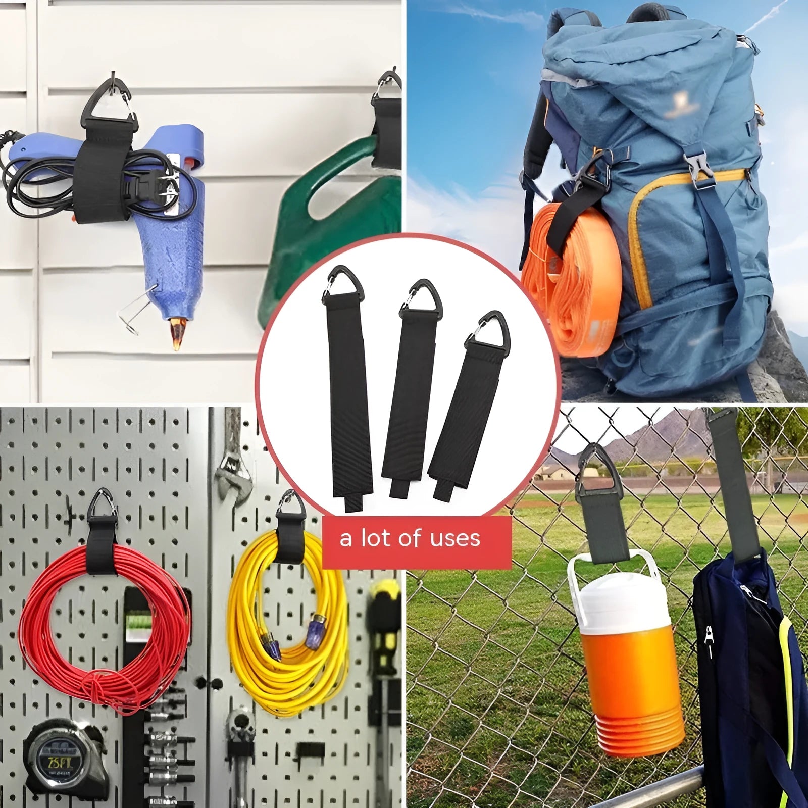 Black climbing button carabiner storage strap showing three size options for garage and outdoor organisation