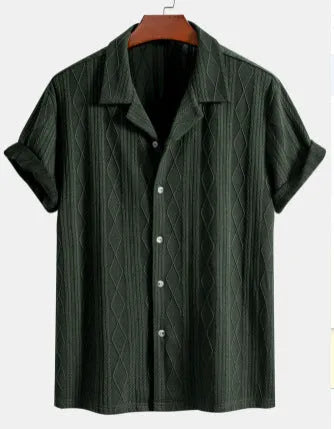 Men's loose black cardigan with short sleeves on a hanger