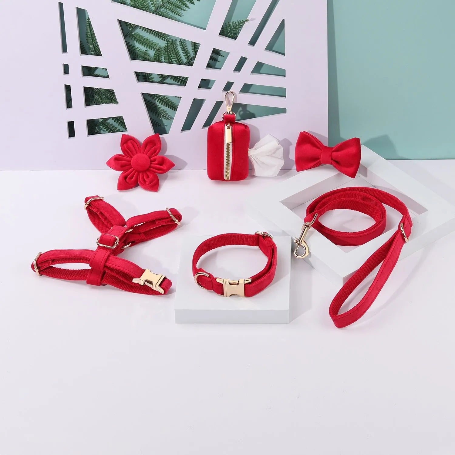 Classic velvet pet collar and traction rope harness set with decorative bow tie and flower for dogs and cats