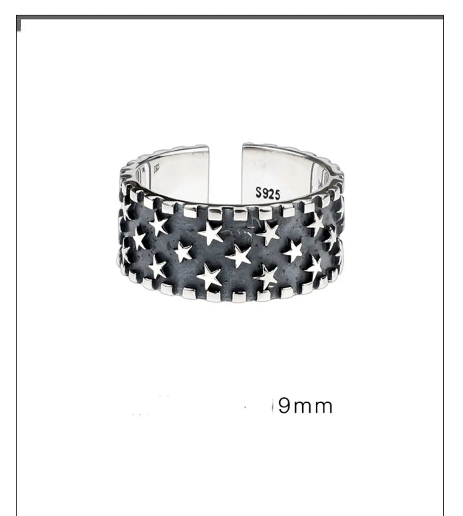Adjustable silver ring with a multi-five pointed star geometric pattern on a solid 925 sterling silver band.