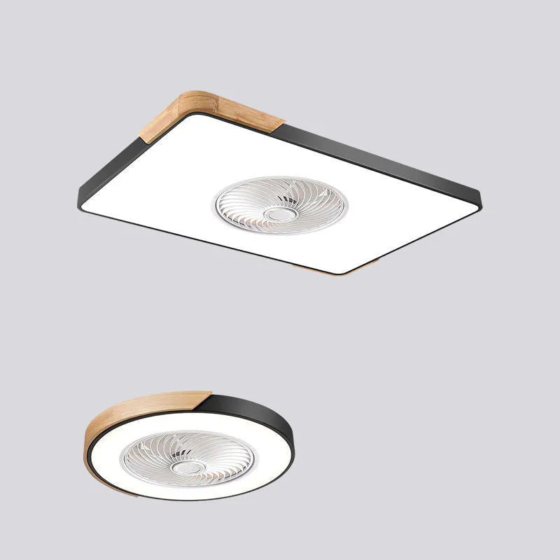 Nordic ceiling fan with integrated light fixture showing solid wood construction and PVC lampshade