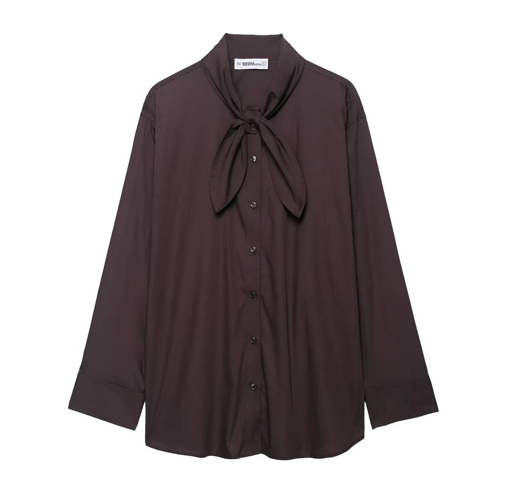 Brown women's poplin shirt with long sleeves, a bow tie, and a loose cardigan fit.