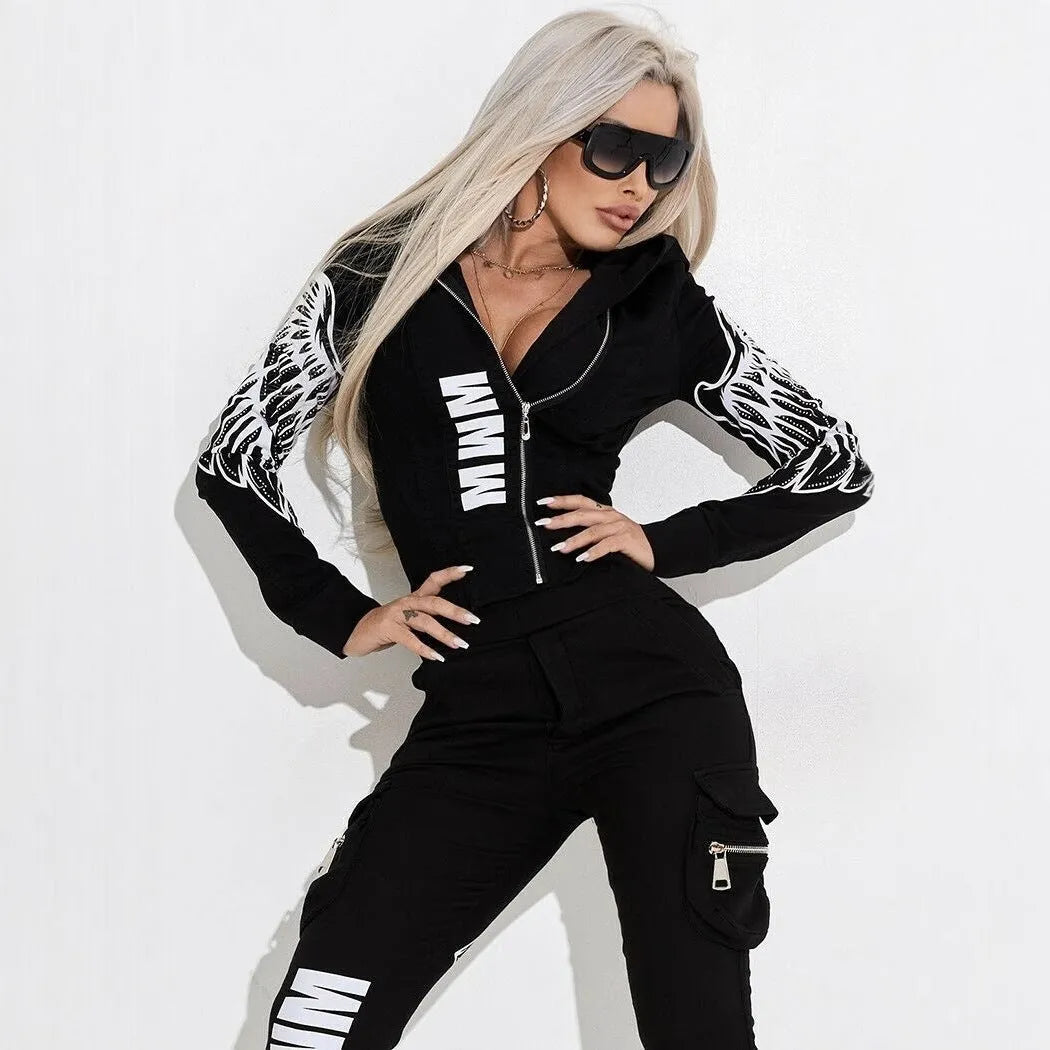 Black women's casual suit with wings printing pattern showing hooded top and trousers