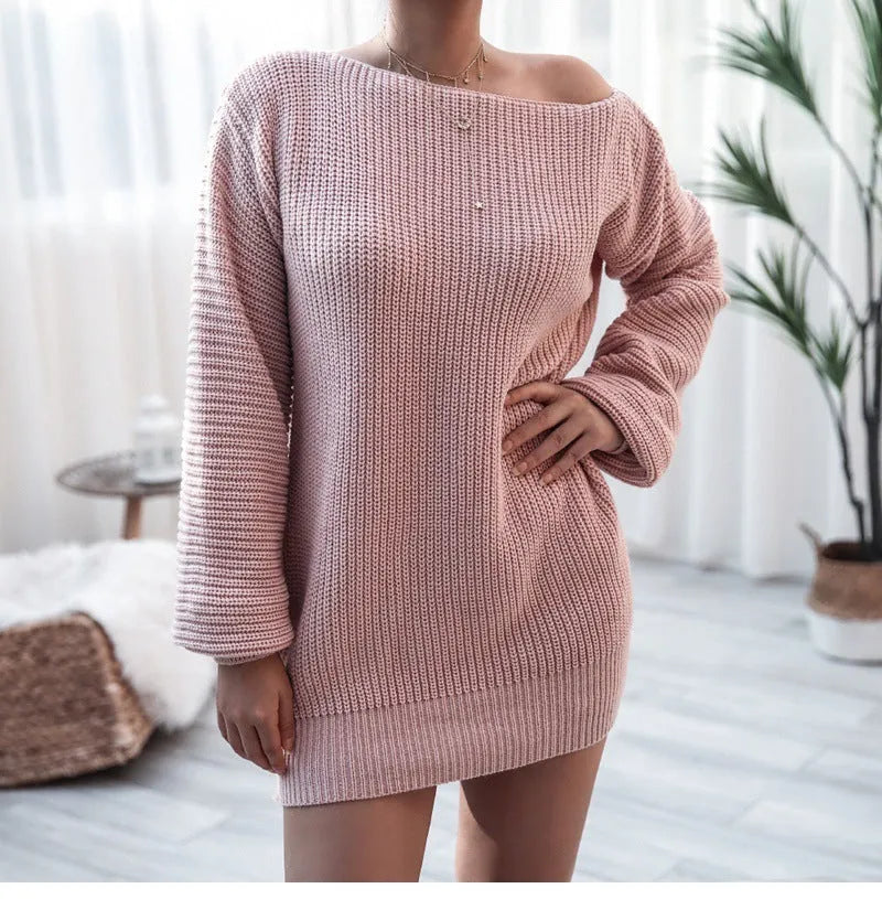 Women's off-shoulder knitted sweater dress with lantern sleeves in solid colour