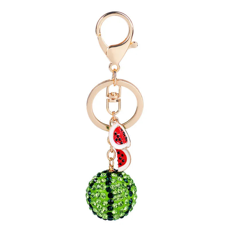 Green watermelon shaped metal keychain 12cm length with keyring attachment