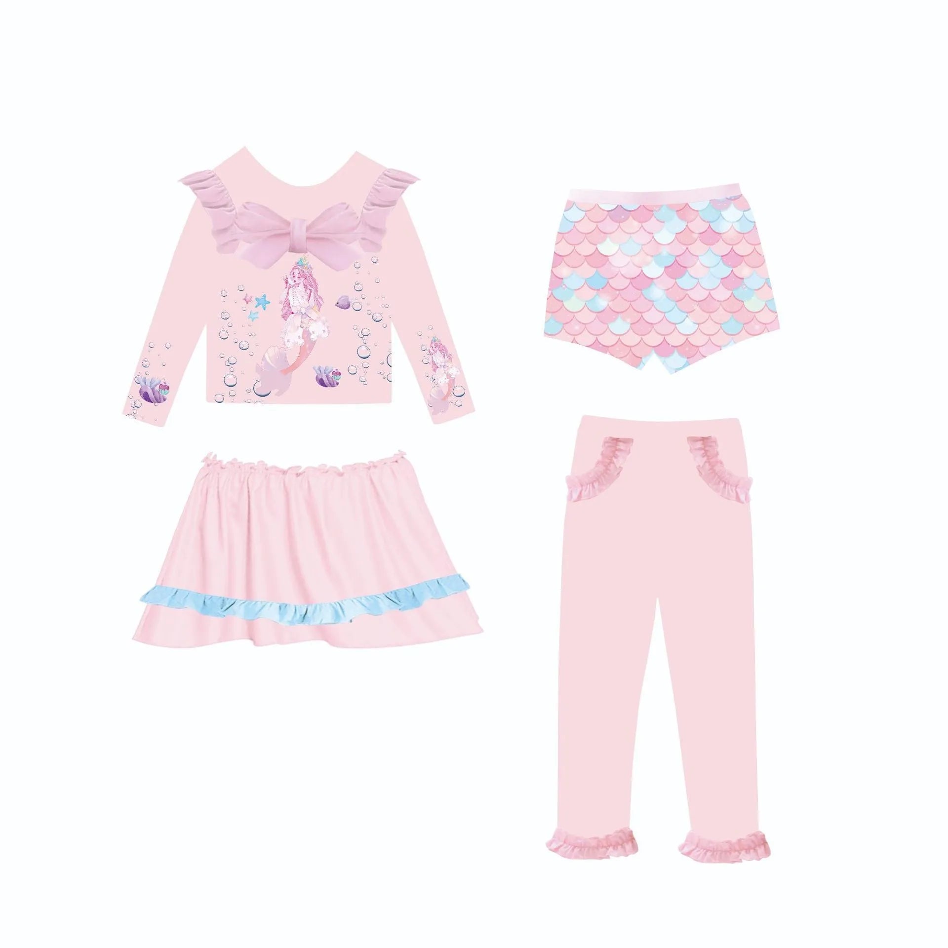 Girl's mermaid swimsuit set with gilded detailing in Baby Ocean colour, showing top, skirt, trousers, and shorts.