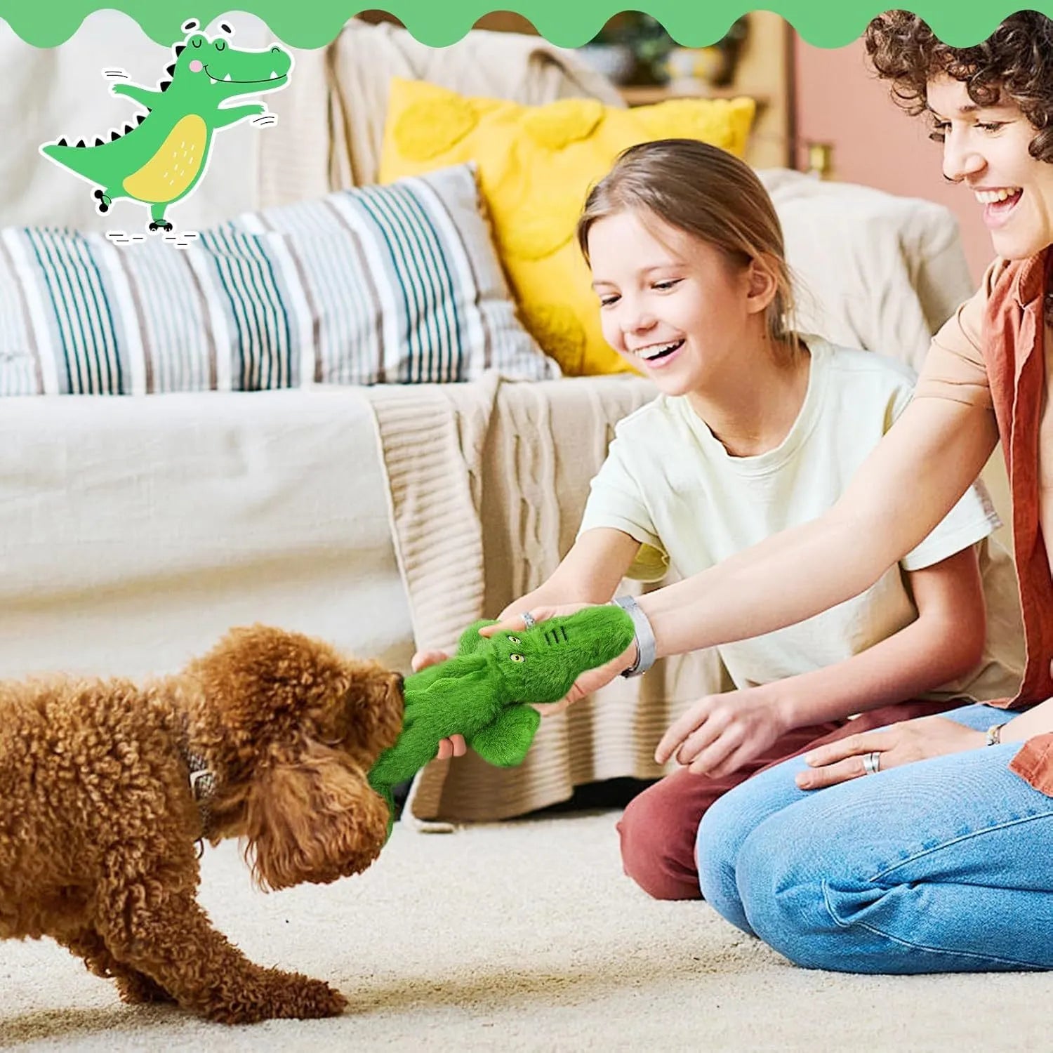Green crocodile-shaped plush dog toy with squeaker in head and crinkle paper tail