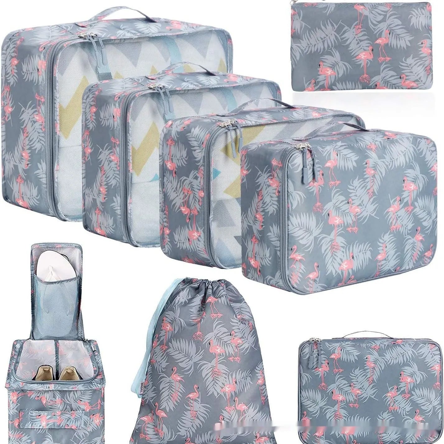 Set of eight cubic-shaped travel packing bags in assorted colours including beige, black, pink, and leopard print patterns.