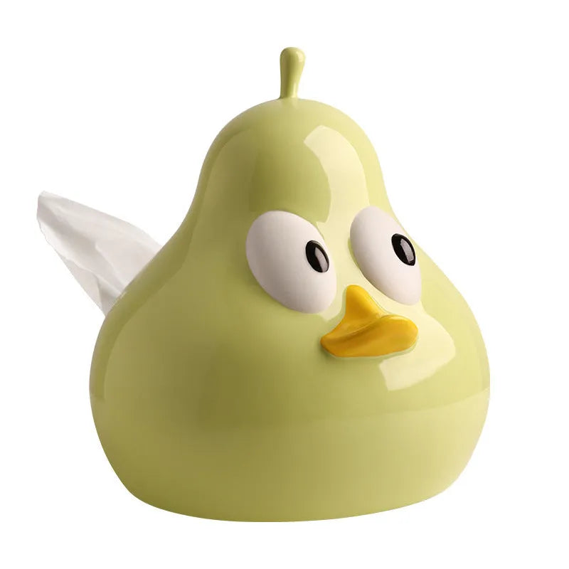 White ceramic pear-shaped tissue box with animal-themed design in green colour option