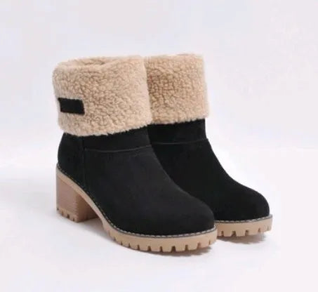 Women's mid-calf suede snow boots with a low flat heel and round toe, shown in available colours.
