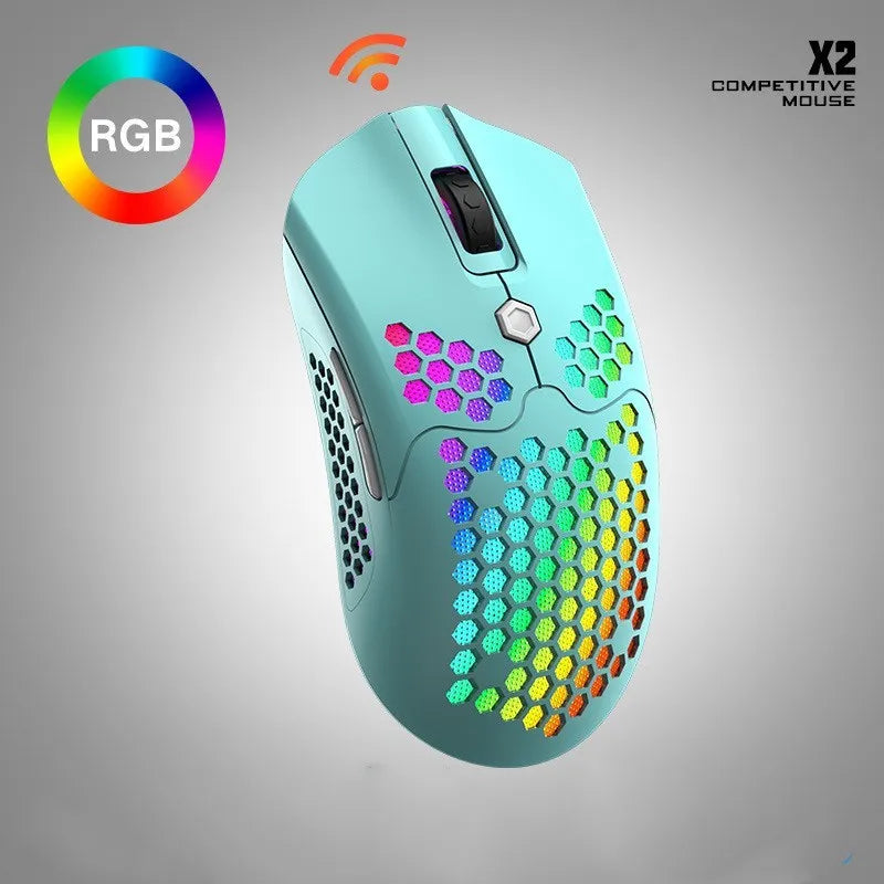 Free Wolf X2 wireless gaming mouse in black with RGB lighting, showing ergonomic shape and side buttons.