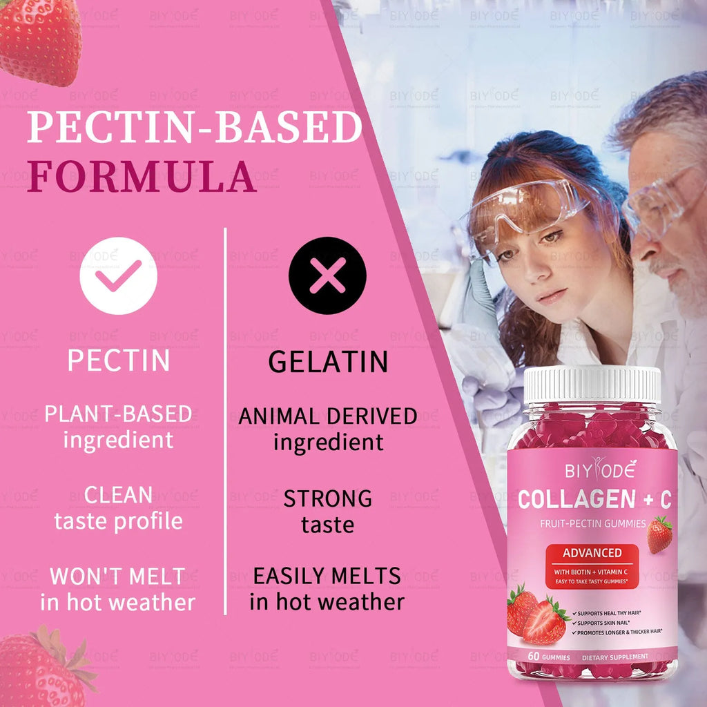Collagen and vitamin C fruit pectin gummies in a bottle, 60 count, for skin hair nails health and whitening support