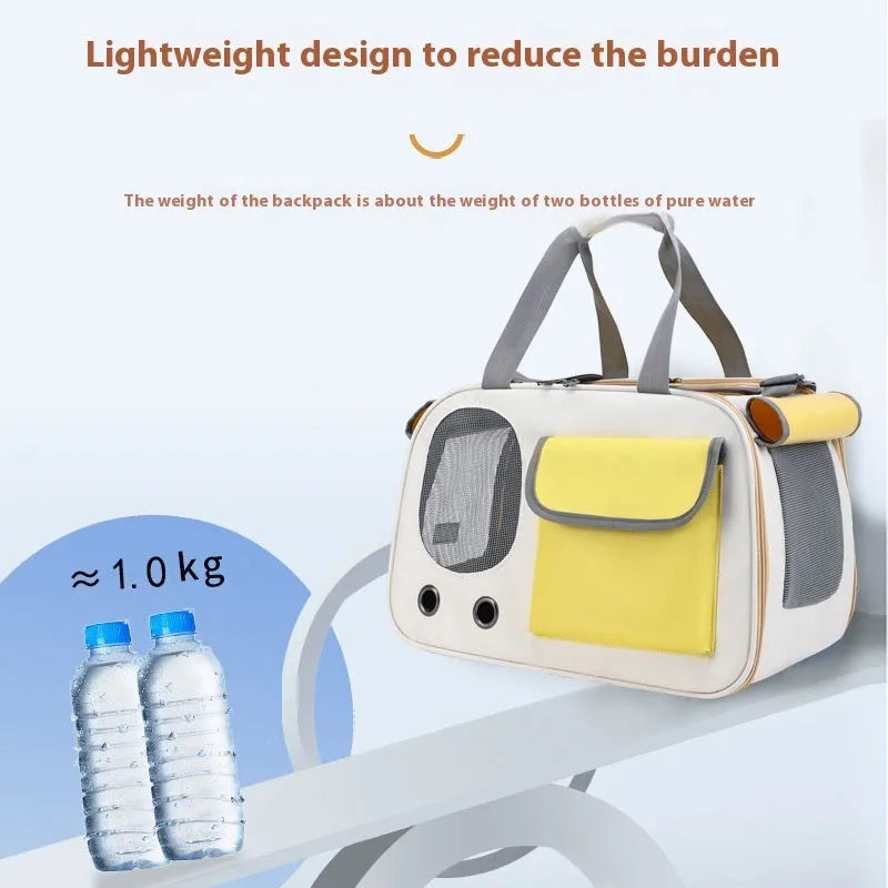 Foldable single shoulder canvas pet backpack shown in yellow, suitable for carrying cats or small dogs.