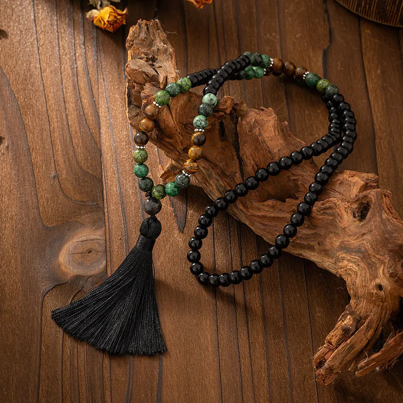 Bohemian vintage necklace and bracelet set with geometric round stone beads in electroplated finish