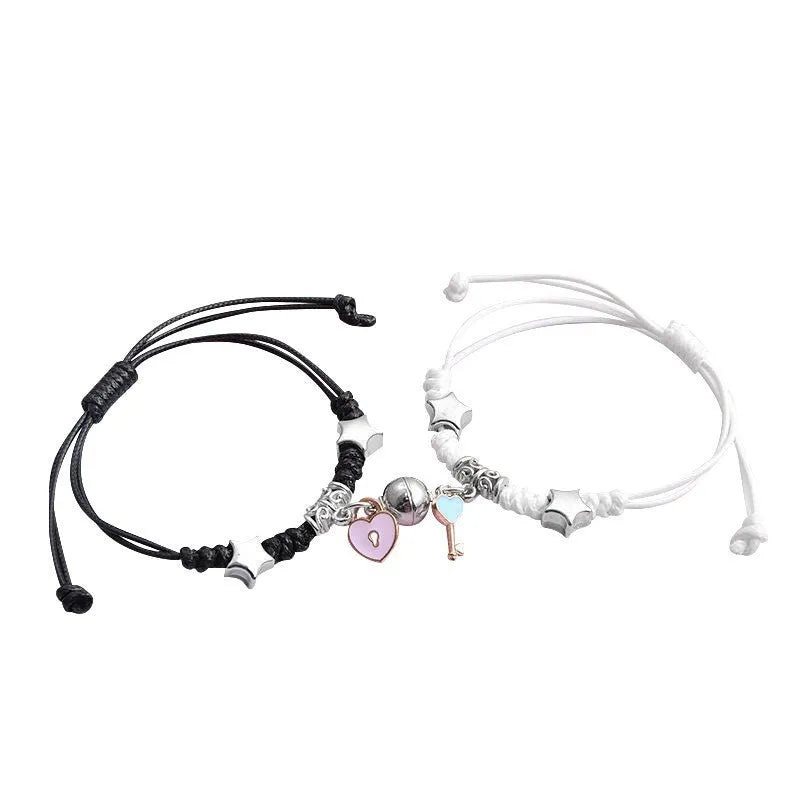 Magnetic couple suction bracelets pair with alloy electroplated finish showing various symbolic designs