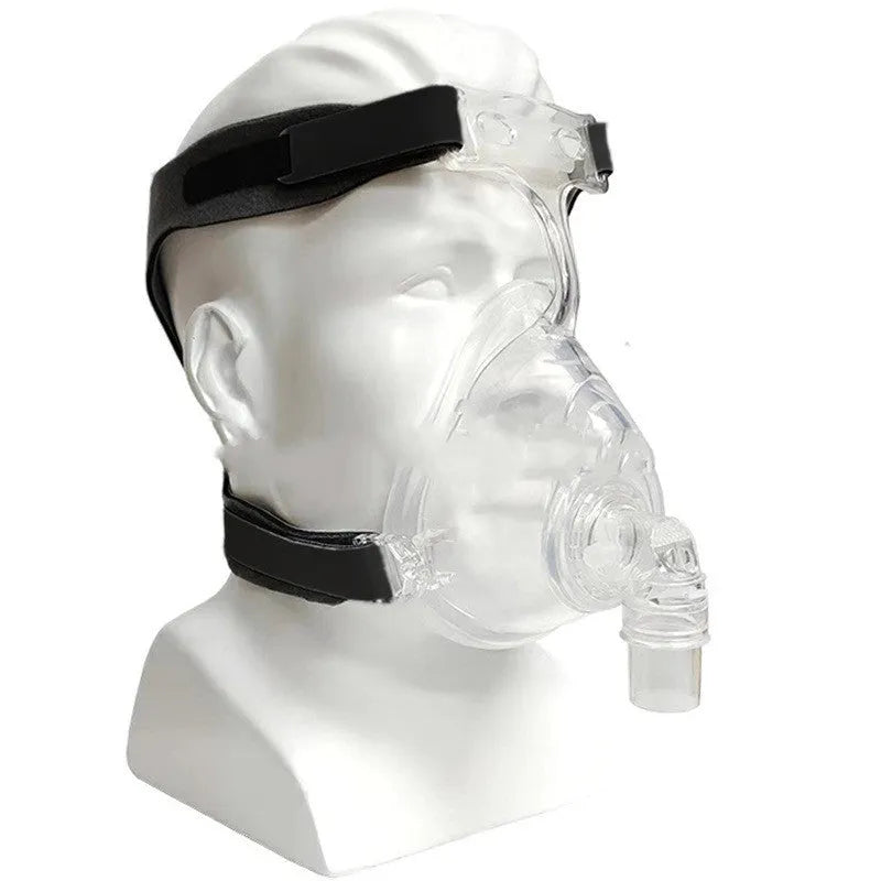 Transparent CPAP breathing mask with ventilator adapters and headgear accessory set