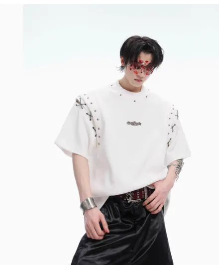 Black short sleeve T-shirt with lace-up cutout detail on mannequin