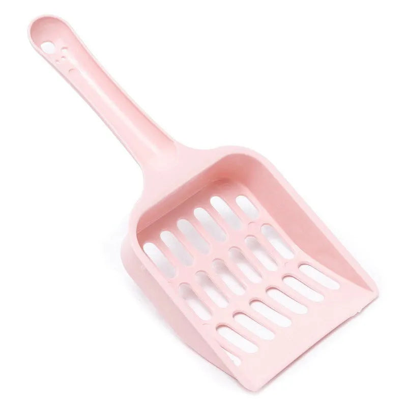 Plastic cat litter scoop in blue, green or pink, showing 20cm length.