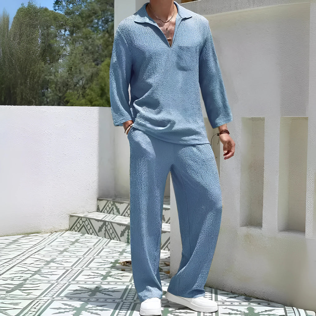 Men's casual commuter suit with shirt-style jacket and matching trousers in polyester fabric