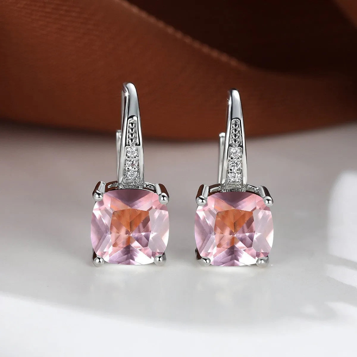 Square zircon geometric ear hook earrings in electroplated copper with Korean style design