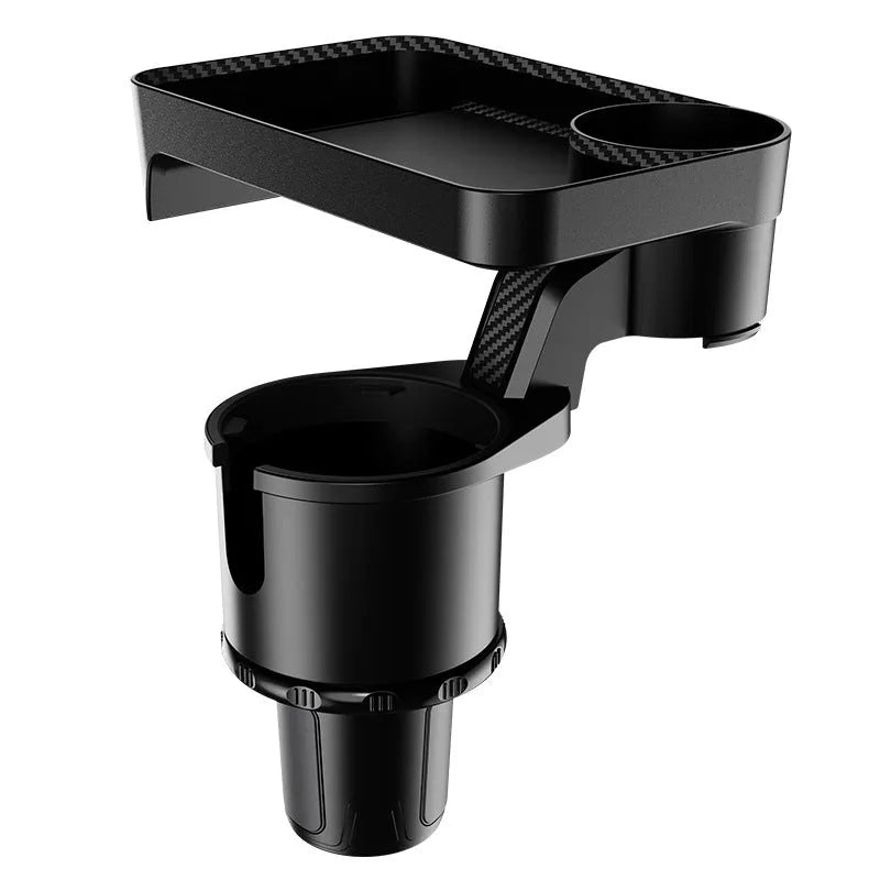 Black car-mounted rotating tray holder with dinner plate surface inserted in vehicle cup holder