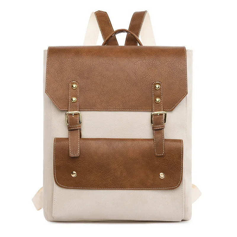 Korean style retro simple backpack in creamy white colour showing front view with zipper details